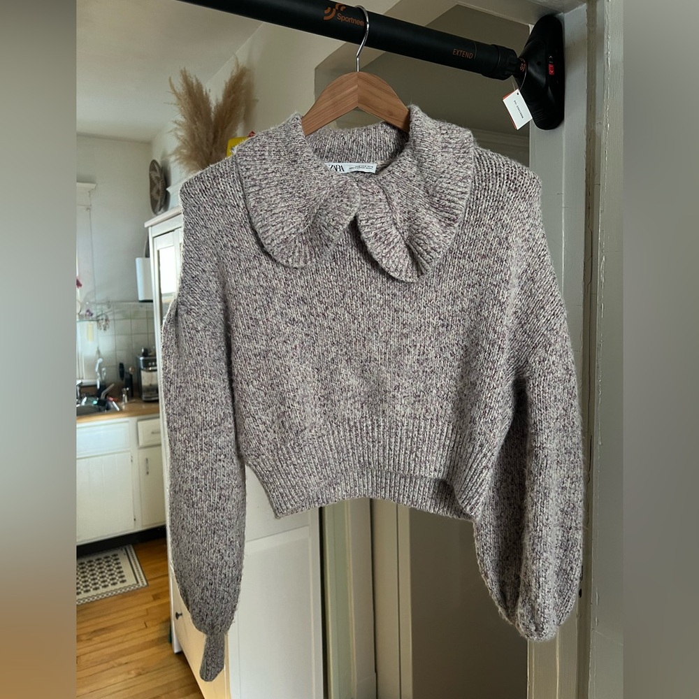 Zara Heather Gray/Lavender Knit Sweater with Unique Collar
